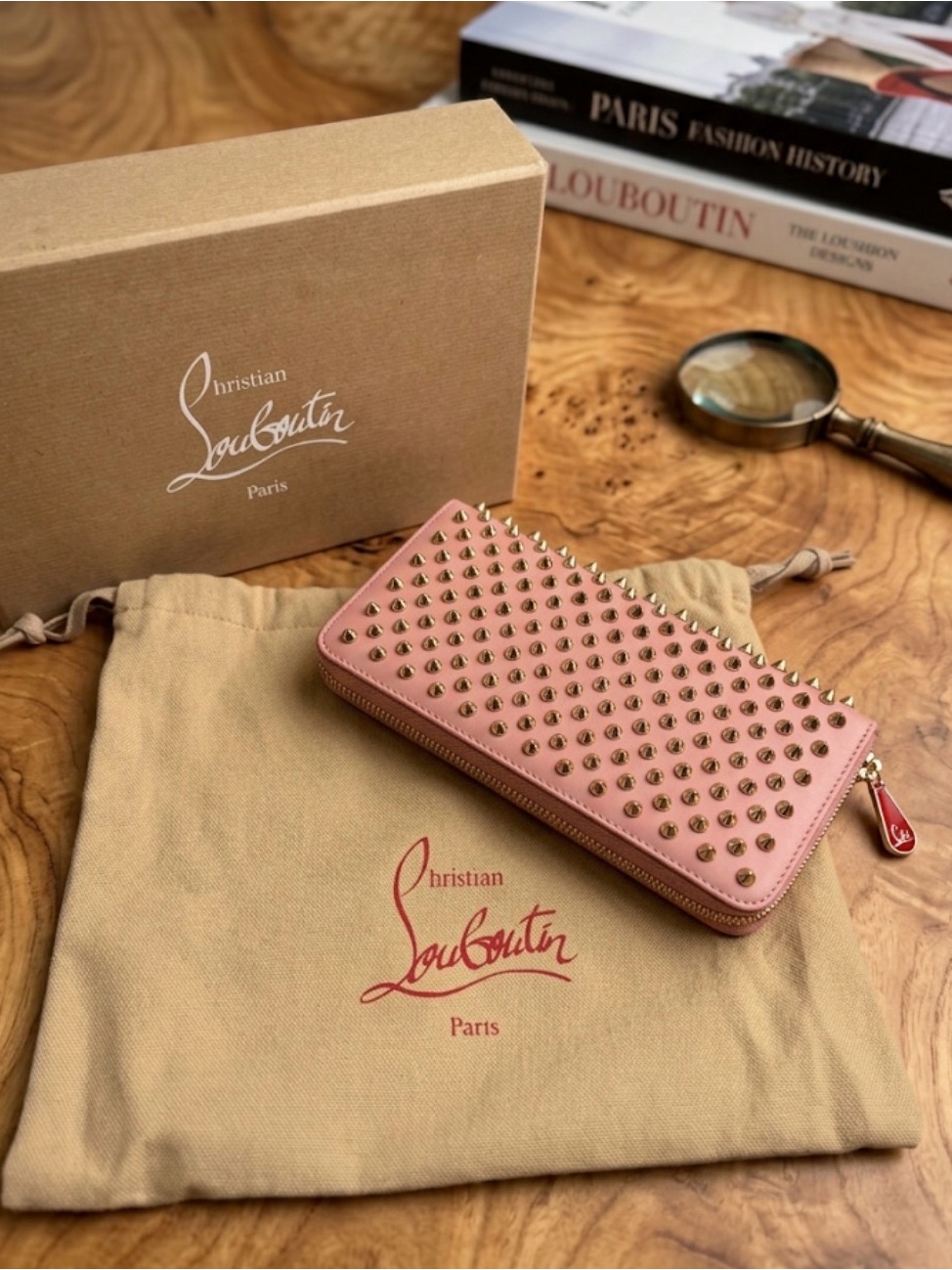 Christian Louboutin Pink Spike Zip Wallet/Clutch. New